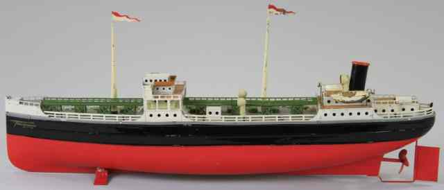 Appraisal: FLEISCHMANN TANKER FREIGHTER Lithographed tin red and black hull upper