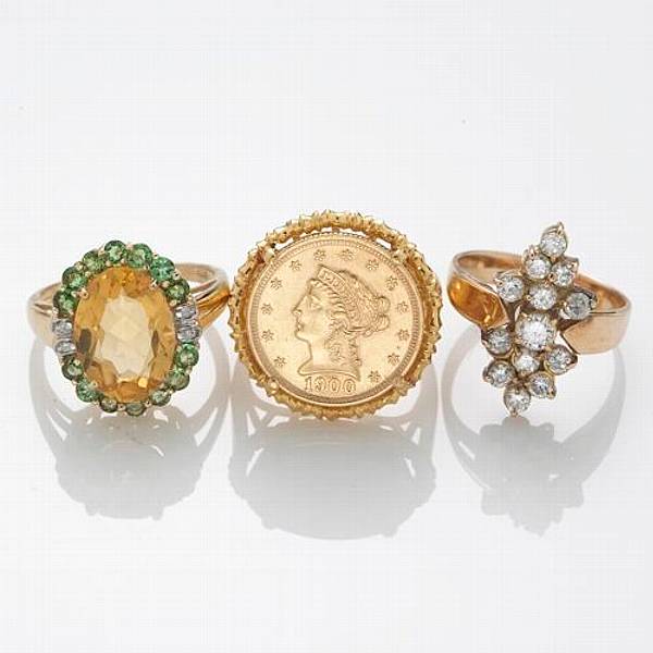 Appraisal: A collection of three diamond citrine green stone k and