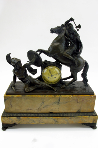 Appraisal: MARBLE AND FIGURAL BRONZE MANTEL CLOCK French th century The