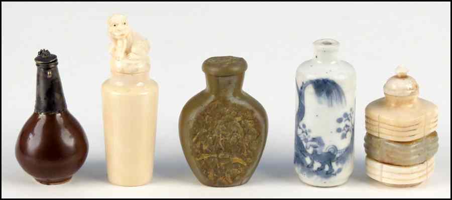 Appraisal: CARVED IVORY AND STONE SNUFF BOTTLE Together with four snuff