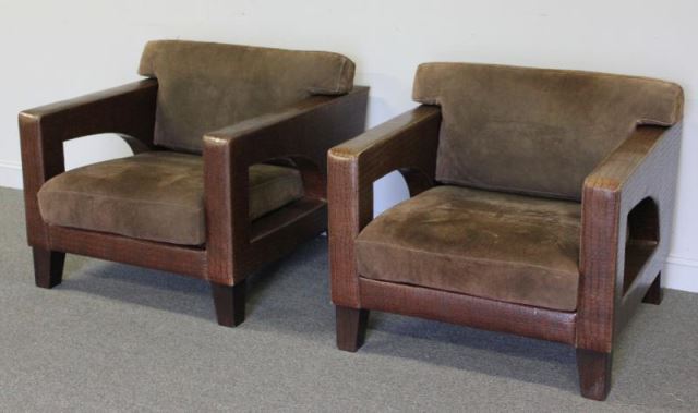 Appraisal: Pair of Hermes Style Embossed Leather SuedeChairs A magnificent looking