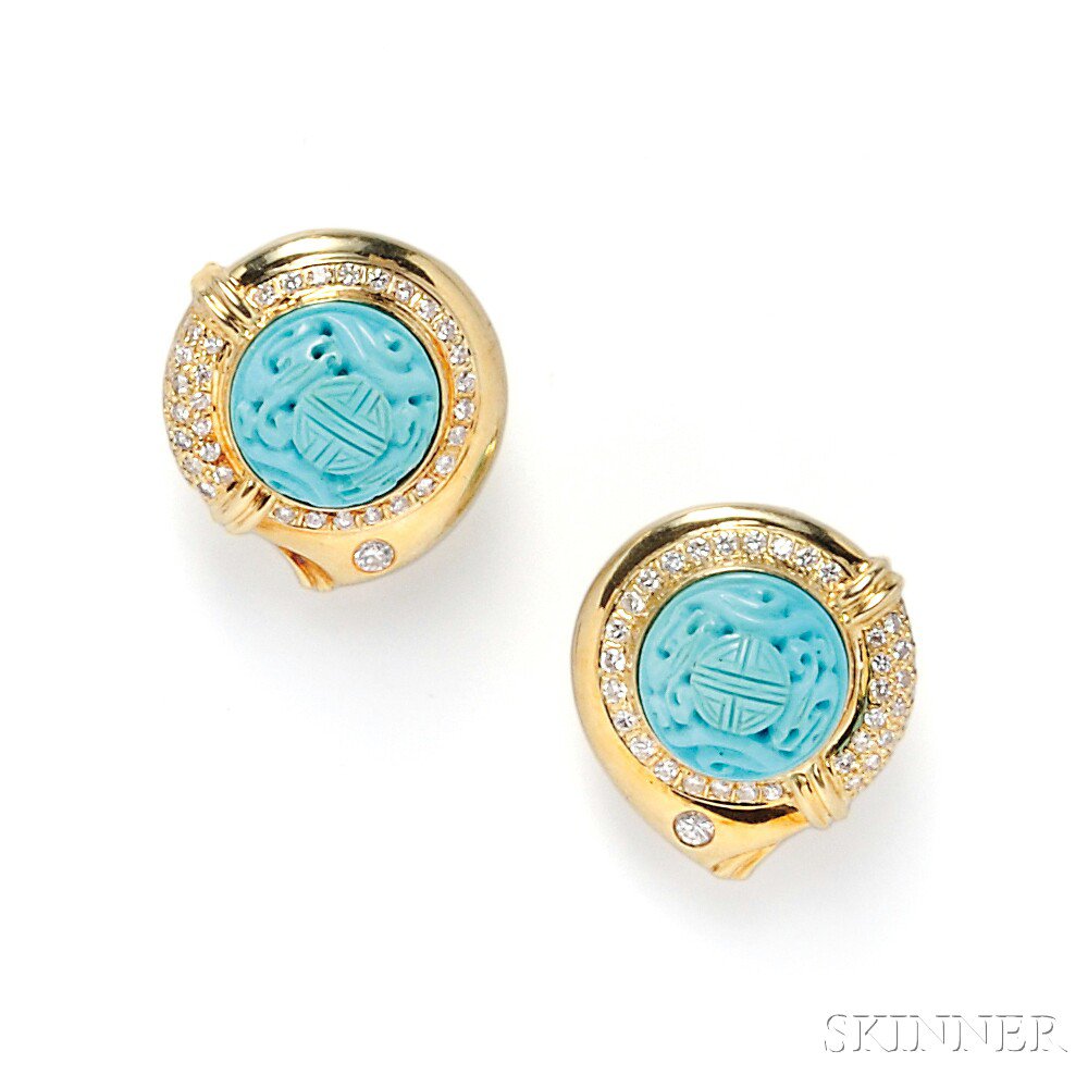 Appraisal: kt Gold Turquoise and Diamond Earclips each carved turquoise within