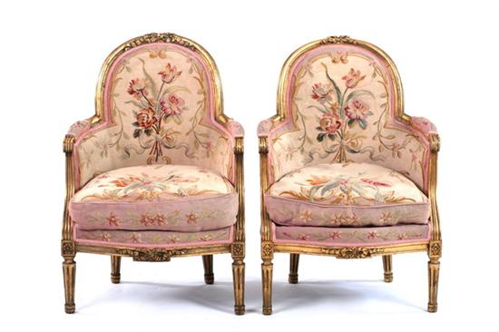 Appraisal: PAIR LOUIS XVI STYLE GILT-WOOD BERGERES Early th century With