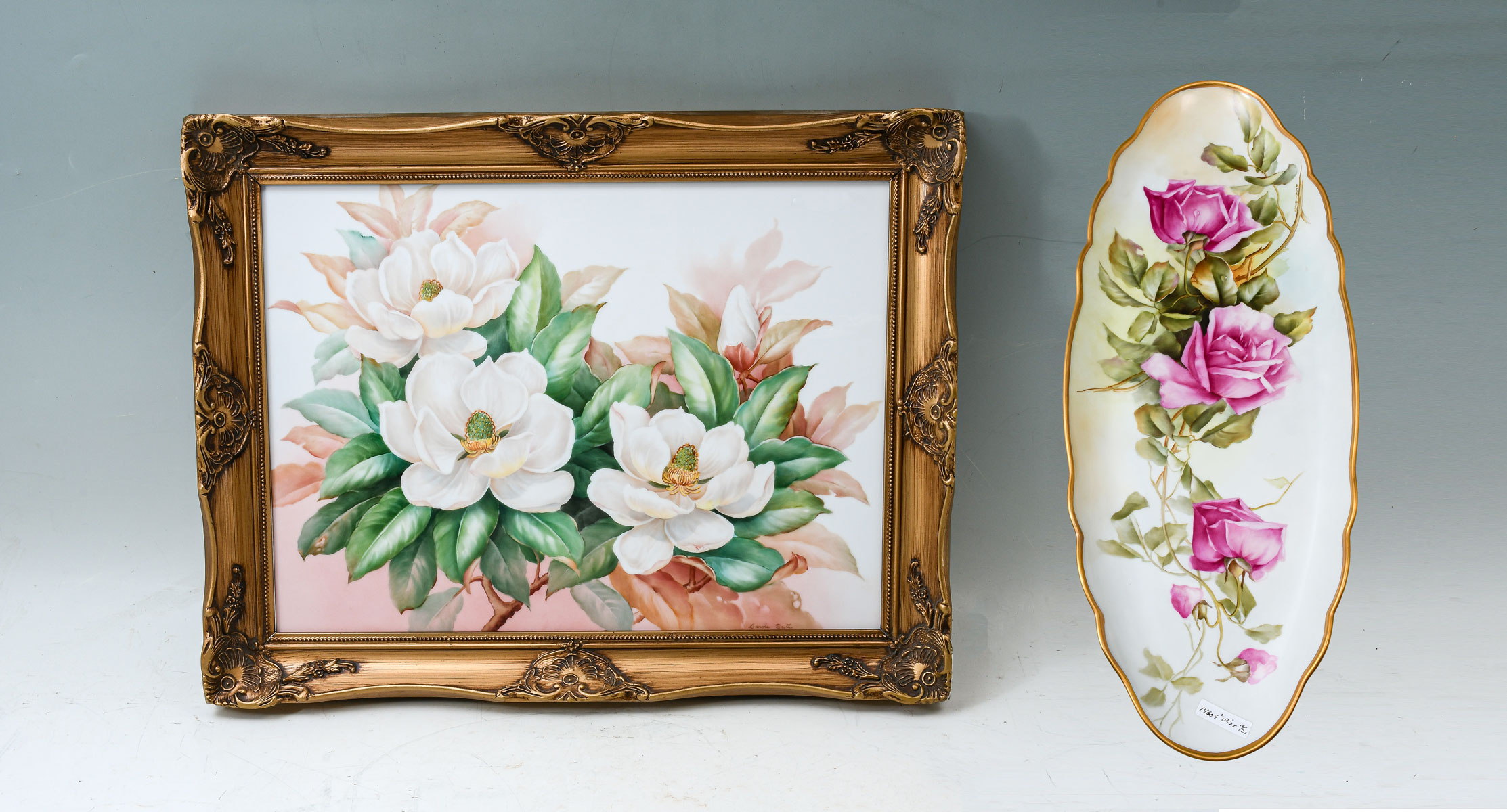 Appraisal: TWO PIECE CAROLE SCOTT FLORAL MOTIF PAINTED PORCELAIN LOT Platter