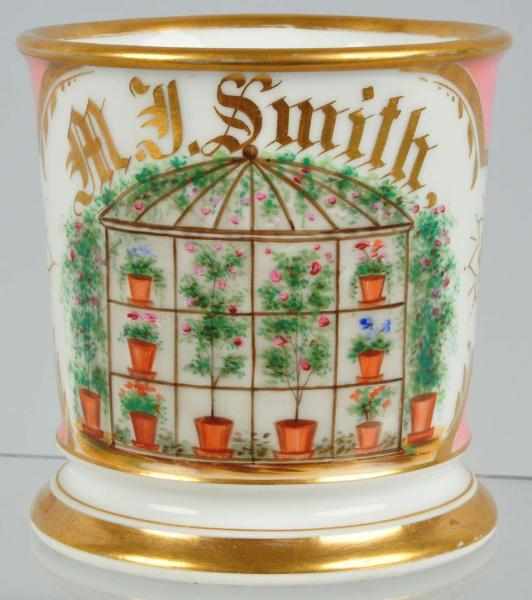 Appraisal: Greenhouse Shaving Mug Description Stunning image of greenhouse plants and