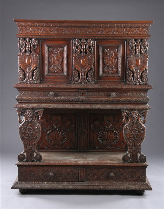 Appraisal: FLEMISH BAROQUE STYLE CARVED WALNUT CUPBOARD Early th Century In