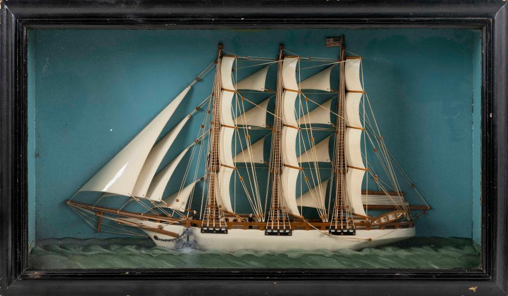 Appraisal: SHADOW BOX MODEL OF A THREE-MASTED SHIP UNDER FULL SAIL