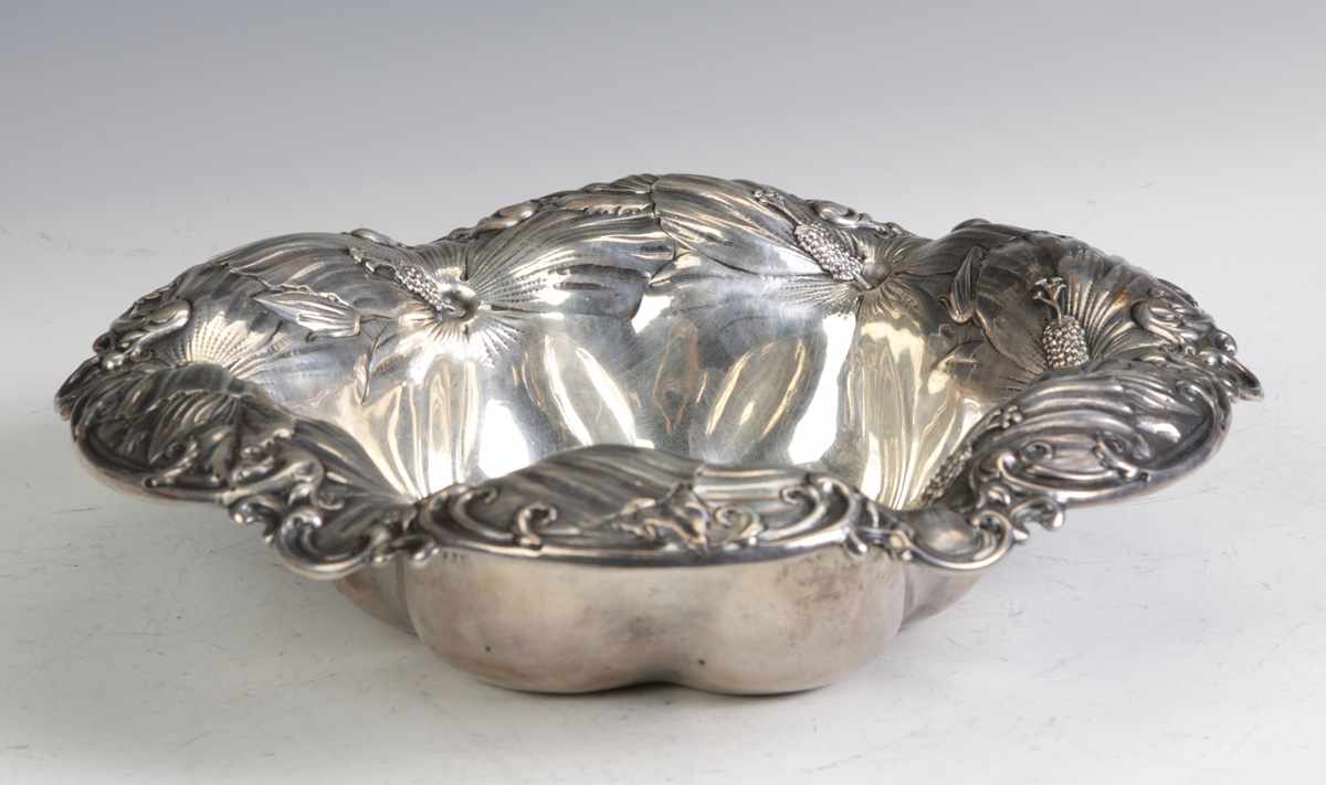 Appraisal: Whiting Sterling Silver Center Bowl With repousse hibiscus border Monogrammed