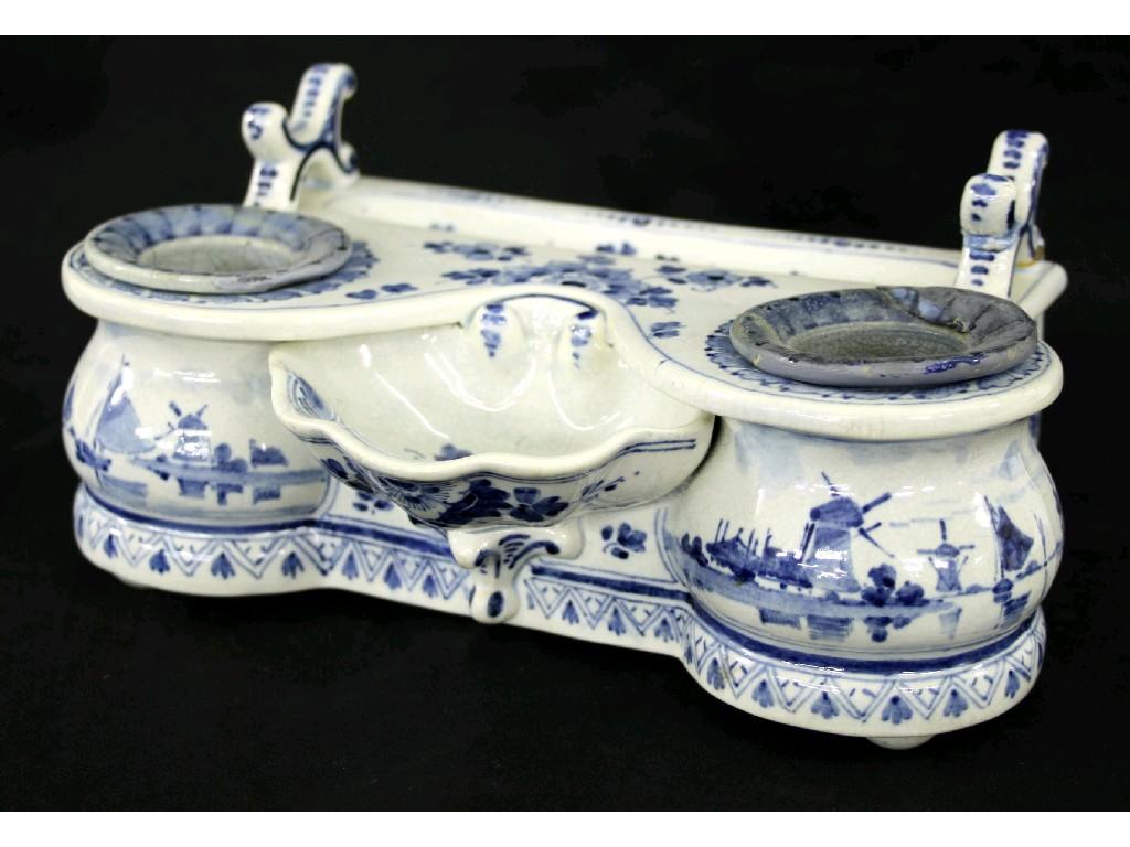 Appraisal: Delft blue and white shaped inkstand with two wells and