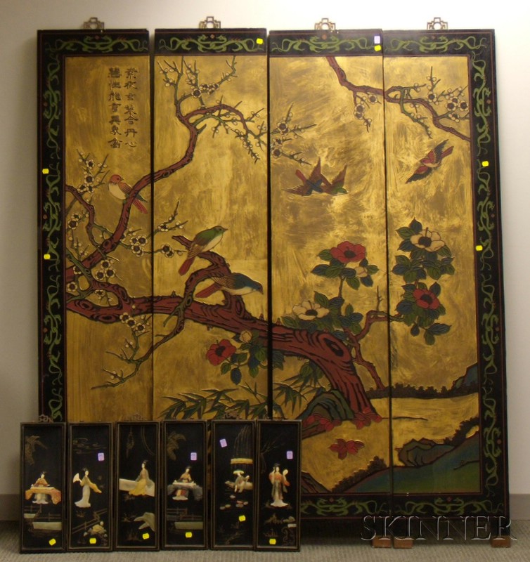 Appraisal: Chinese Export Coromandel Floral Decorated Four-Panel Floor Screen and a