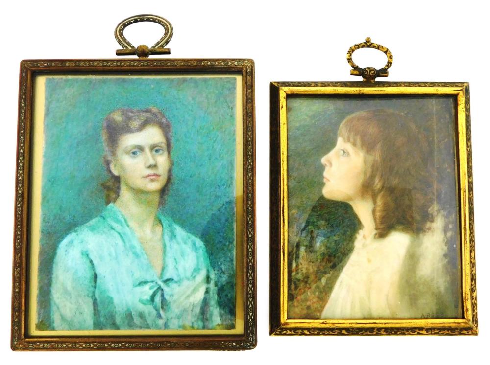 Appraisal: MINIATURES Two hand-painted portraits of girl and woman on rectangular