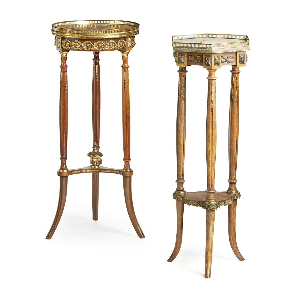 Appraisal: TWO LOUIS XVI STYLE MAHOGANY AND MARBLE TOP JARDINIERE STANDS