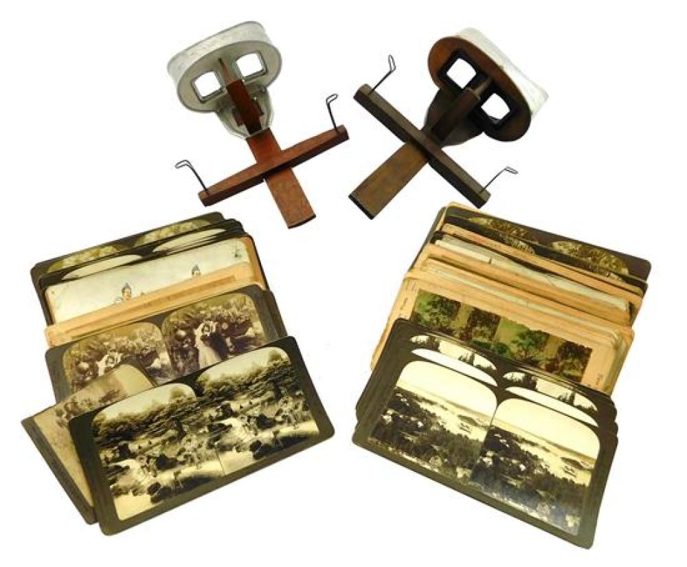 Appraisal: Early th C stereoscopic viewers and cards includes two viewers