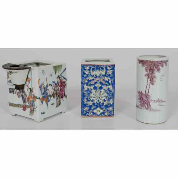 Appraisal: Chinese Brush Pots Chinese Three painted porcelain brush pots including