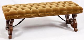 Appraisal: TUFTED VELVET TRESTLE BENCH TUFTED VELVET TRESTLE BENCH H L