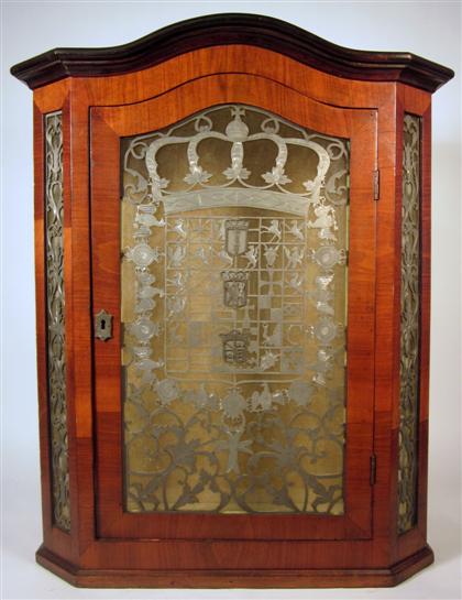 Appraisal: Dutch walnut and pewter mounted hanging cabinet th century