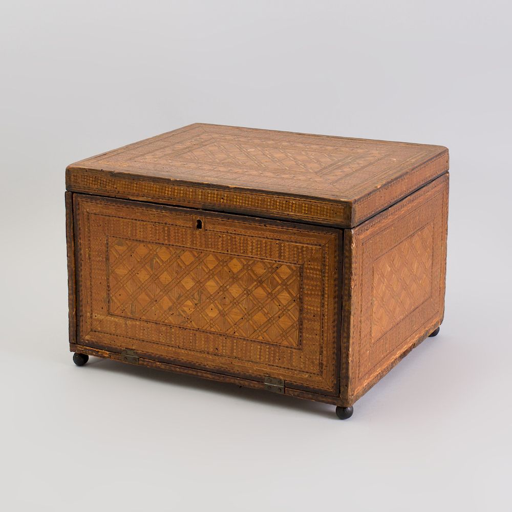 Appraisal: Continental Straw Parquetry Traveling Box Probably Italian The hinged top