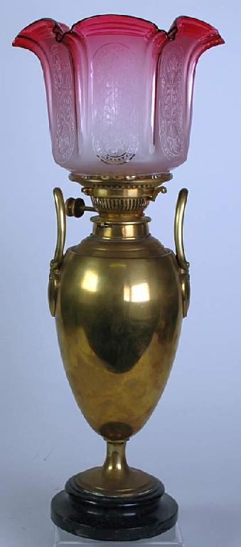 Appraisal: BRASS TWIN HANDLED OIL TABLE LAMP AND SHADE of plain