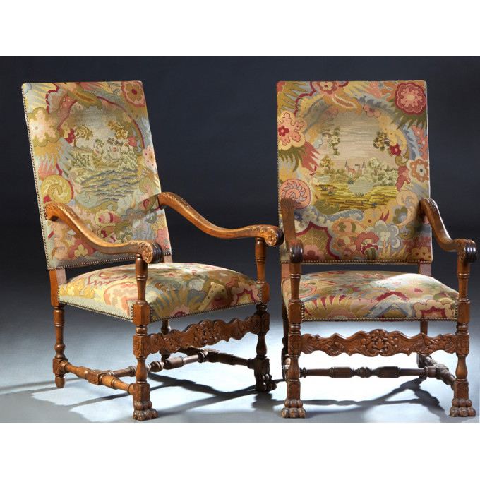 Appraisal: Pair of French Renaissance Style Carved Walnut Fauteuils late th