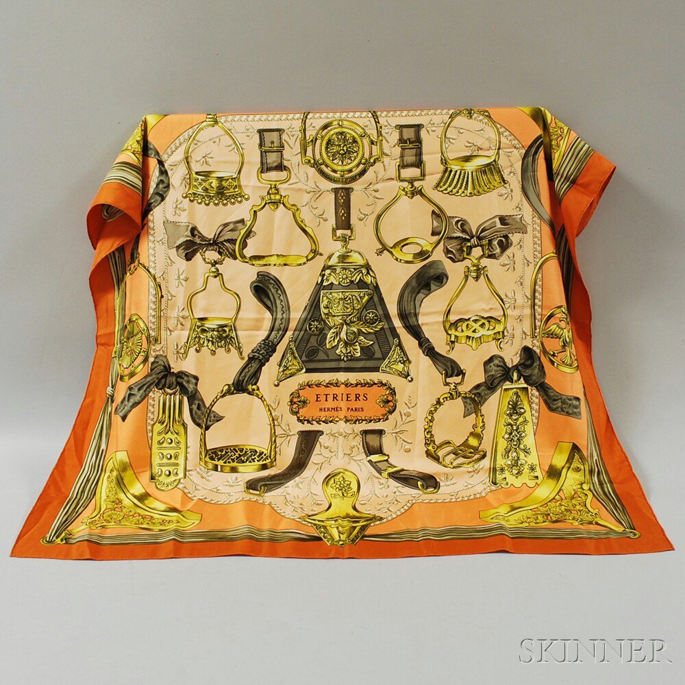 Appraisal: Hermes Etriers Peach Silk Scarf Paris peach-tone silk with gold