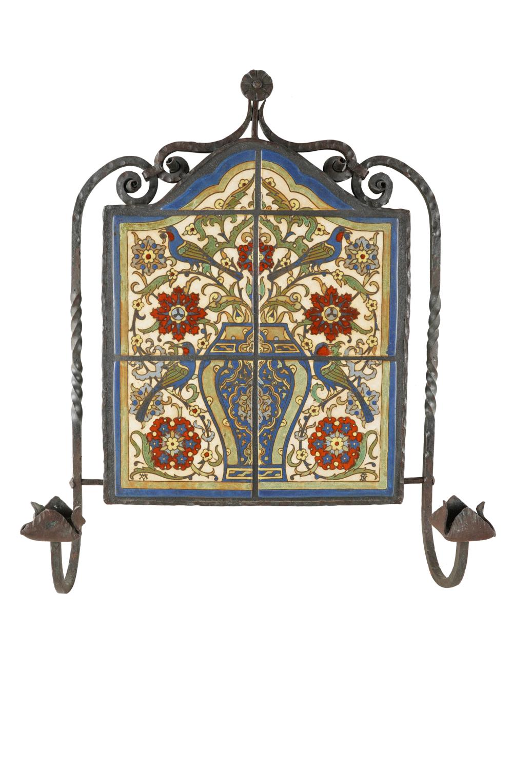 Appraisal: TILE WROUGHT-IRON WALL SCONCEwith two candelarms and a foliate surmount