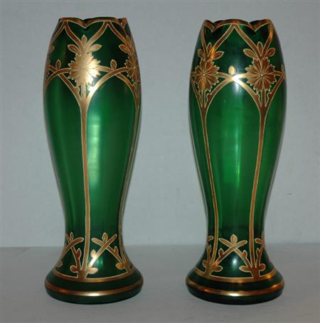 Appraisal: Pair of Art Nouveau Style Gilt Decorated Emerald Glass Vases