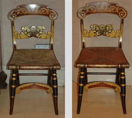 Appraisal: Pair of Black Painted and Stenciled Rush Seat Fancy Chairs