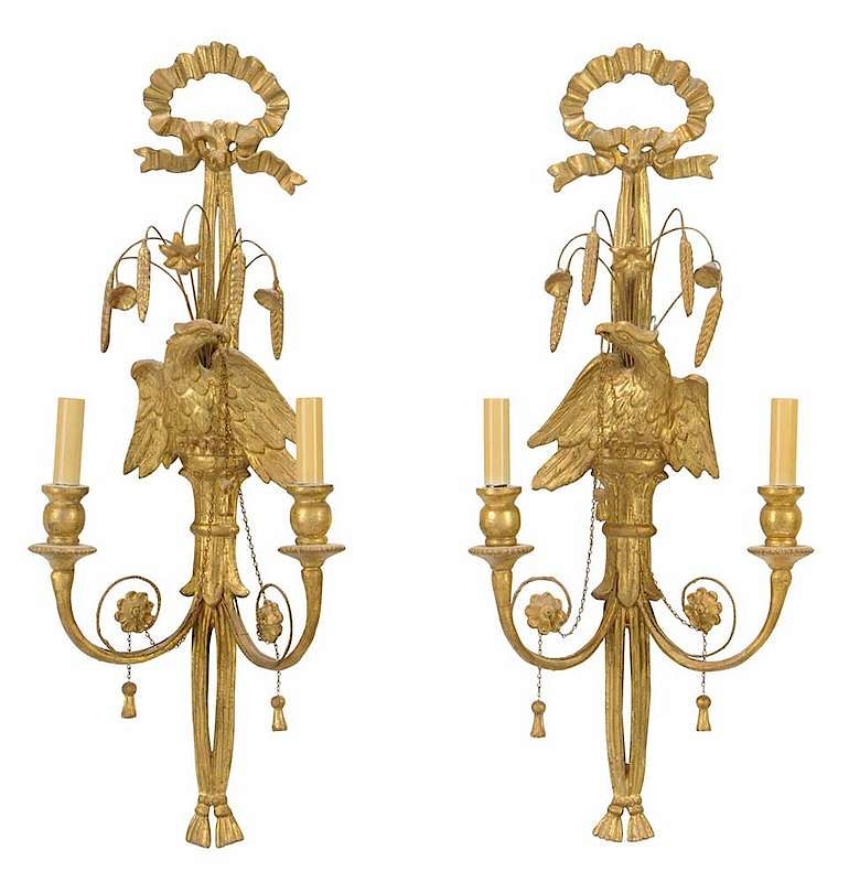 Appraisal: Pair Regency Giltwood Two Light Eagle Sconces th century gilt