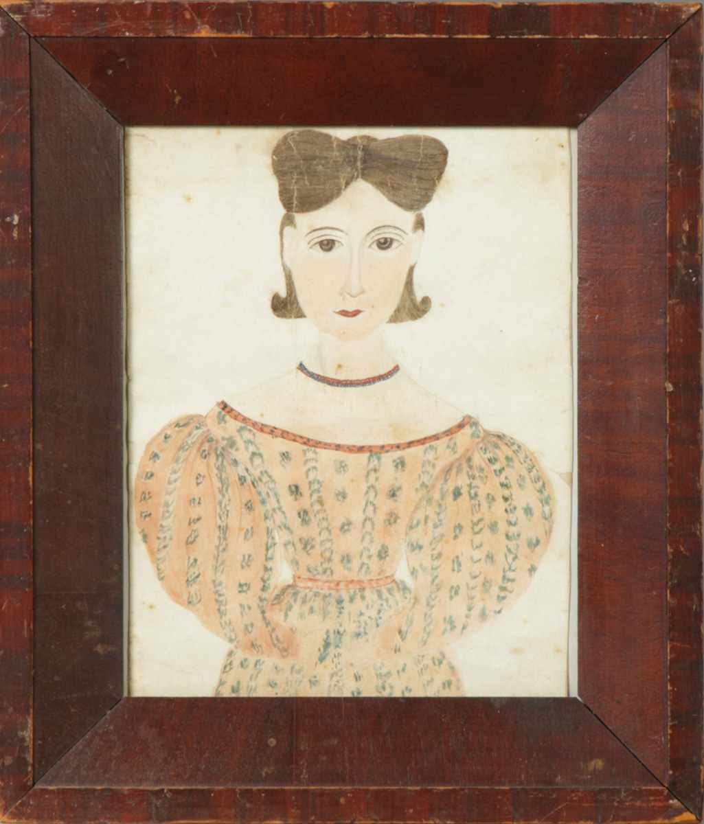 Appraisal: Early th Cent Watercolor Young girl in puffy sleeved dressCondition