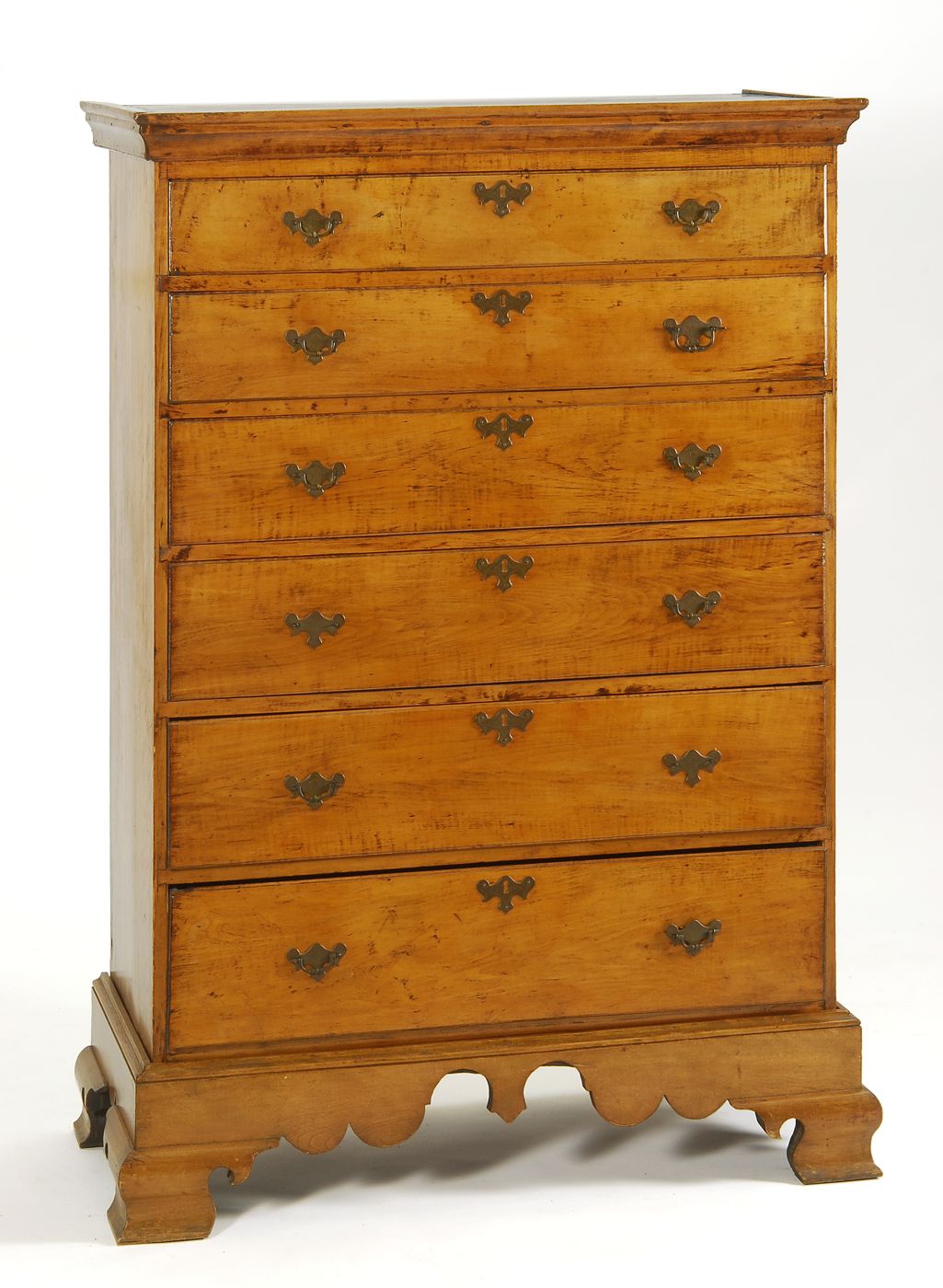 Appraisal: ANTIQUE AMERICAN CHIPPENDALE CHEST-ON-FRAME Circa In curly maple Six graduated