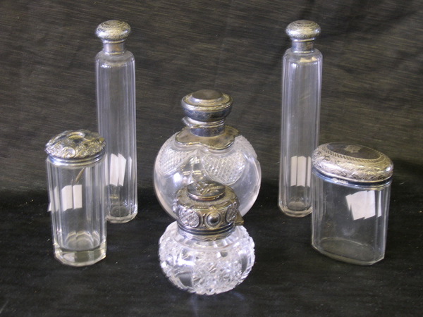 Appraisal: Good Six-Piece Collection of Silver-Capped Cut Glass Toilette Jars consisting