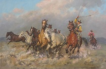 Appraisal: Janos Viski Hungarian b Cowboy and wild horses Oil on