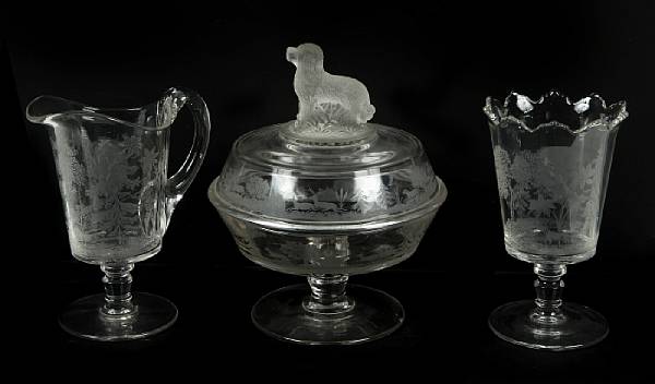 Appraisal: A group of Early American etched glass table articles with