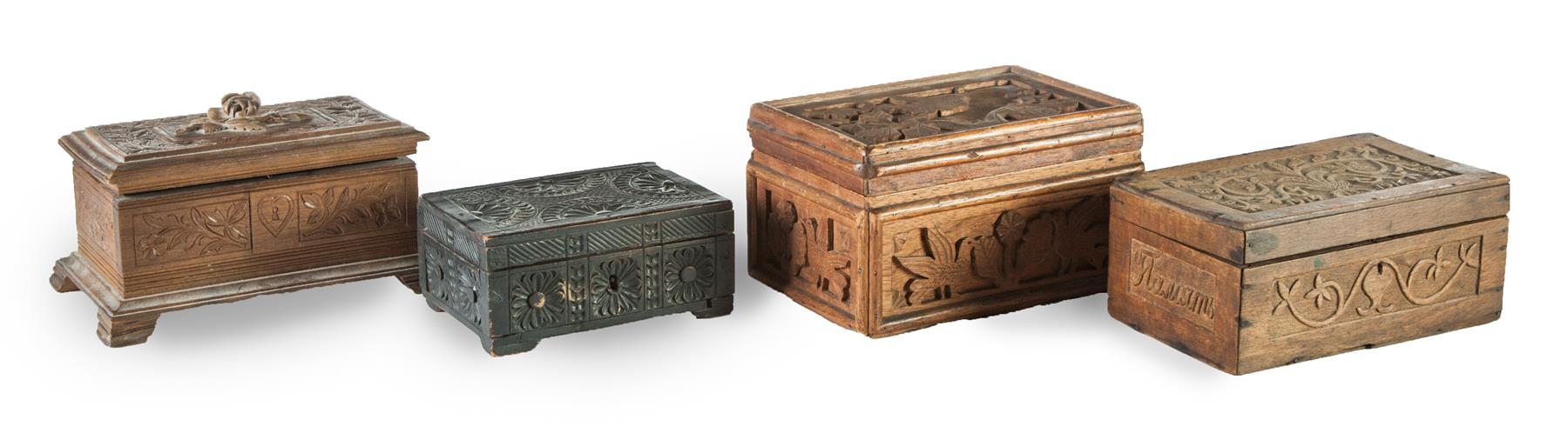 Appraisal: FOUR BOXES WITH FOLKSY CARVING European and American th century