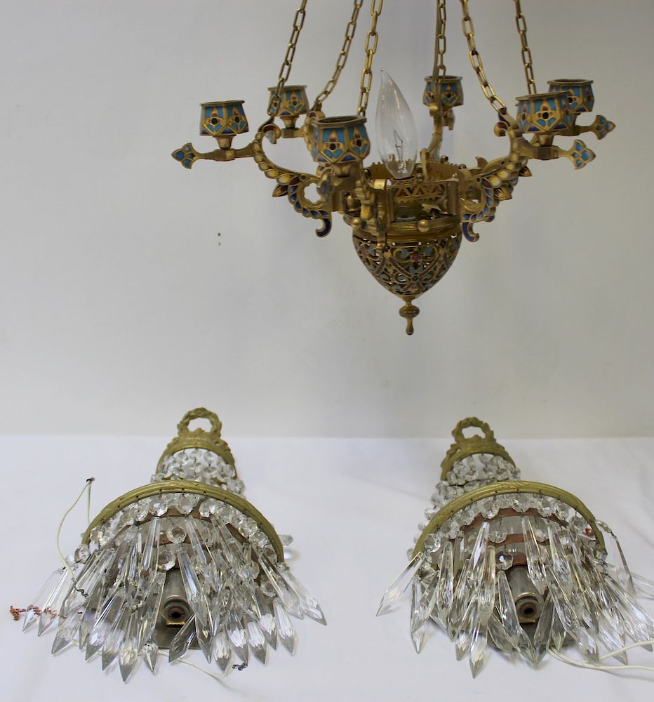 Appraisal: Antique Enameled Bronze Chandelier Together with a Pair of Gilt