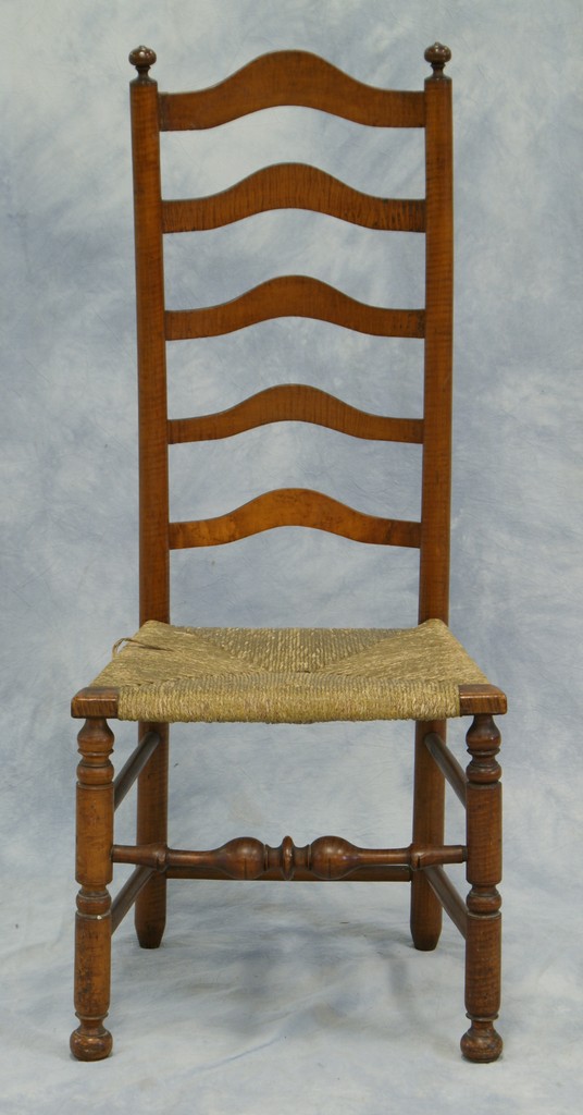 Appraisal: slat curly maple ladder back side chair with bulbous turned