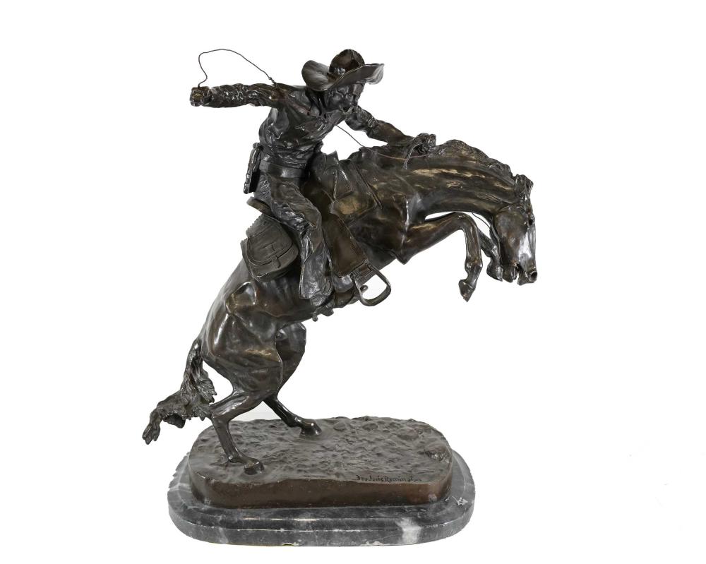 Appraisal: AFTER FREDERIC REMINGTON BRONCO BUSTER on a grey marble plinth