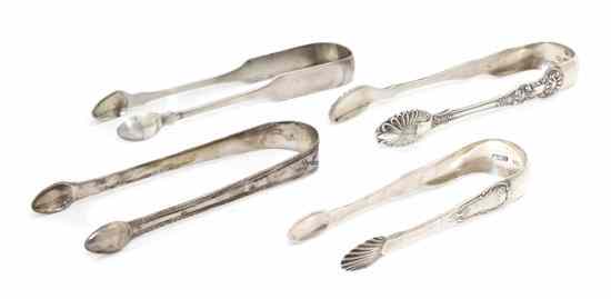 Appraisal: Four English Silver Sugar Tongs comprising an Irish example possibly