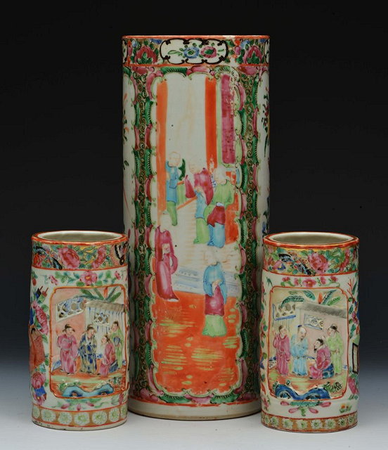 Appraisal: A CHINESE CANTON CYLINDRICAL VASE with polychrome panelled decoration cm