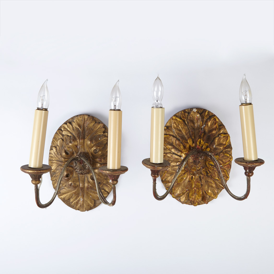 Appraisal: Two Pairs of Neoclassical Style Giltwood Two-Light Wall Lights Each