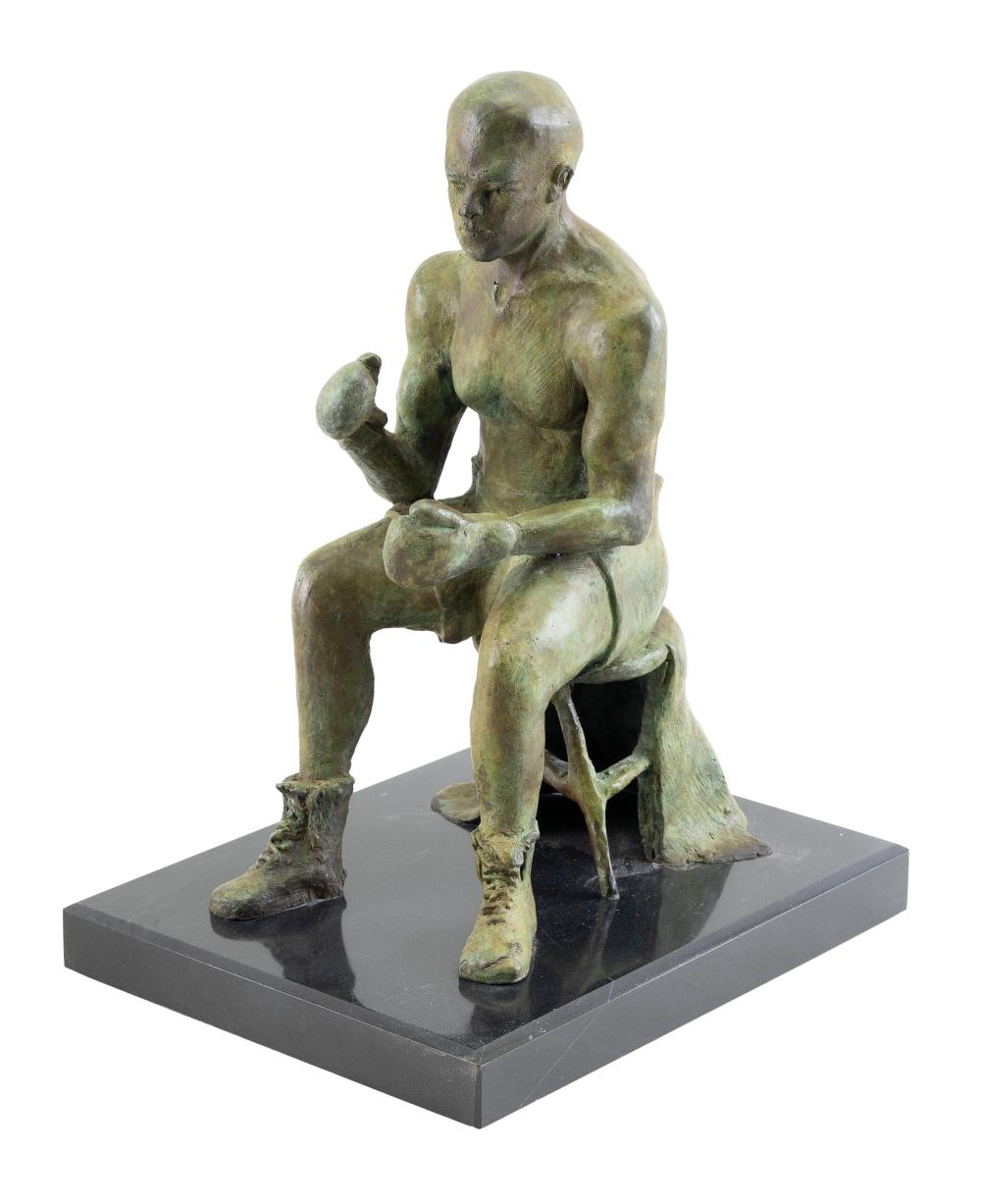 Appraisal: HIRAM BALL MASSACHUSETTS TH ST CENTURY SEATED BOXER PAINTED BRONZE