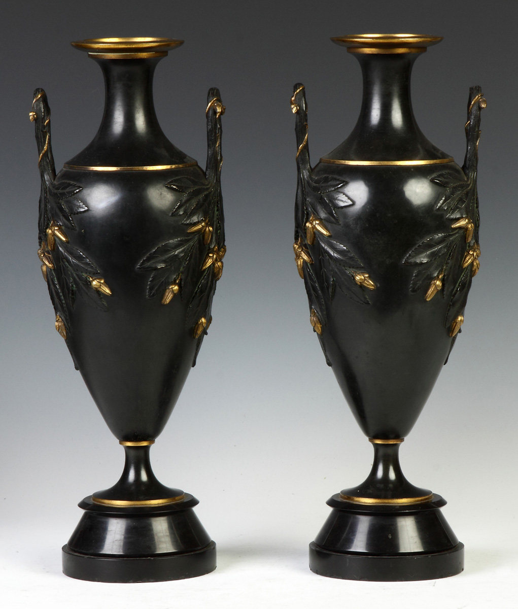 Appraisal: Pair of Aesthetic Victorian Patinated Bronze Urns on Slate Bases