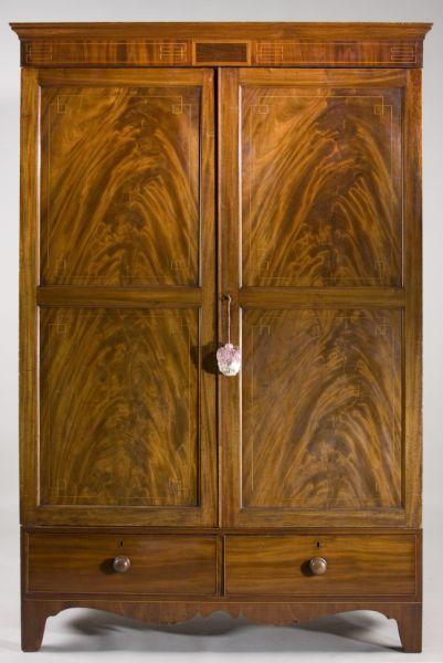 Appraisal: English Hepplewhite Inlaid Armoire th century flame mahogany veneers light