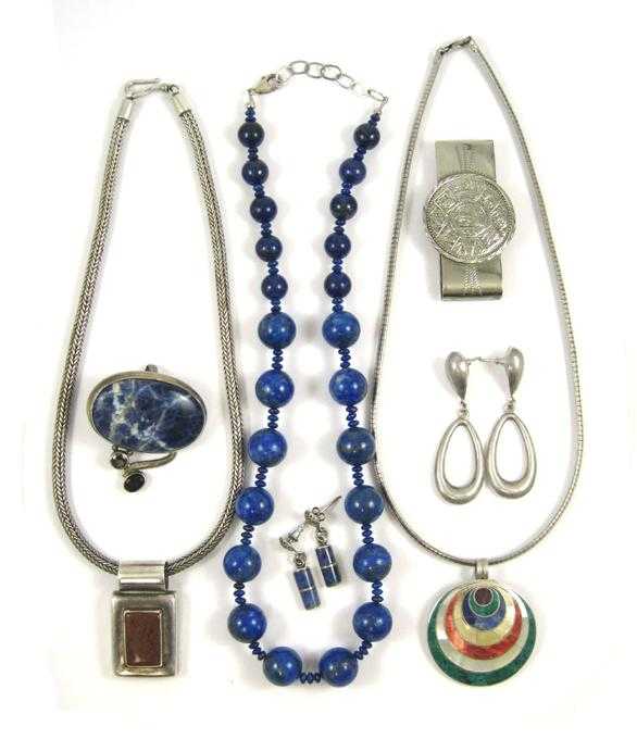 Appraisal: NINE ARTICLES OF MEXICAN SILVER JEWELRY including a lapis lazuli