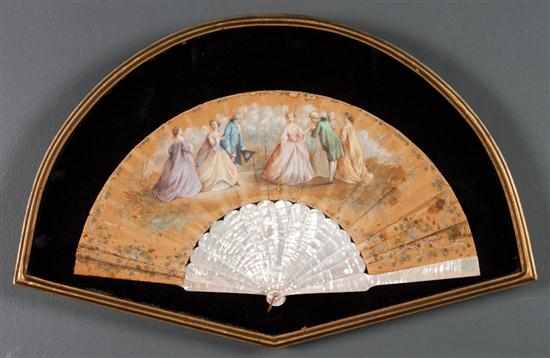 Appraisal: Continental mother-of-pearl and painted fabric fan in shadowbox frame late