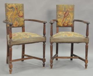 Appraisal: Pair of Continental style armchairs with Aubusson upholstery Aubusson is