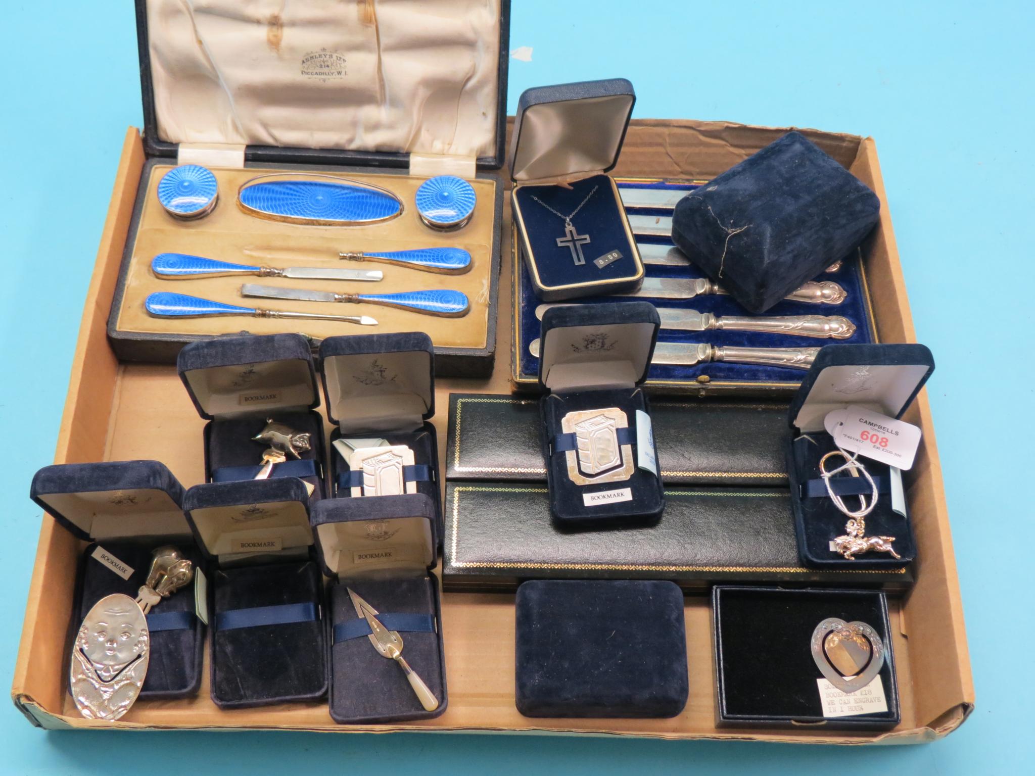 Appraisal: A silver and blue enamel vanity set seven items including