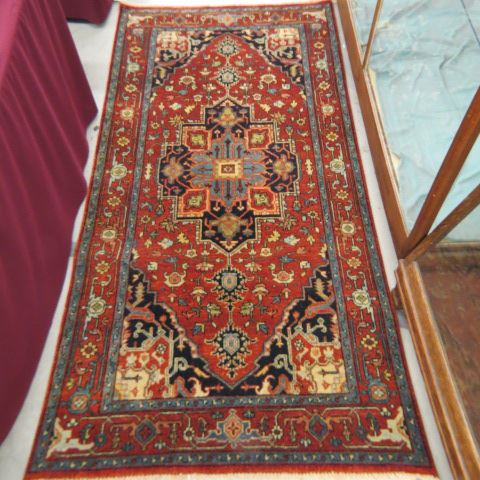 Appraisal: Serapi Persian Handmade Rug central medallion emerging florals deep salmon