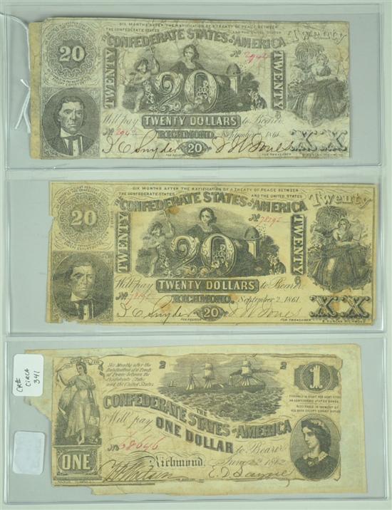 Appraisal: Three Confederate Notes Dated September CR Circa After research and