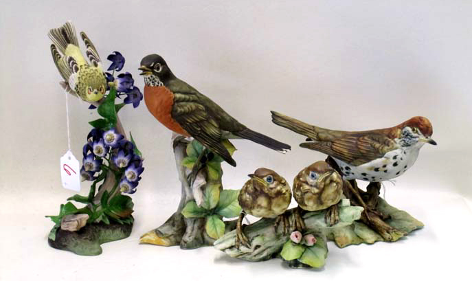 Appraisal: FOUR BISQUE BIRD FIGURINES by Boehm Cane May Warbler H